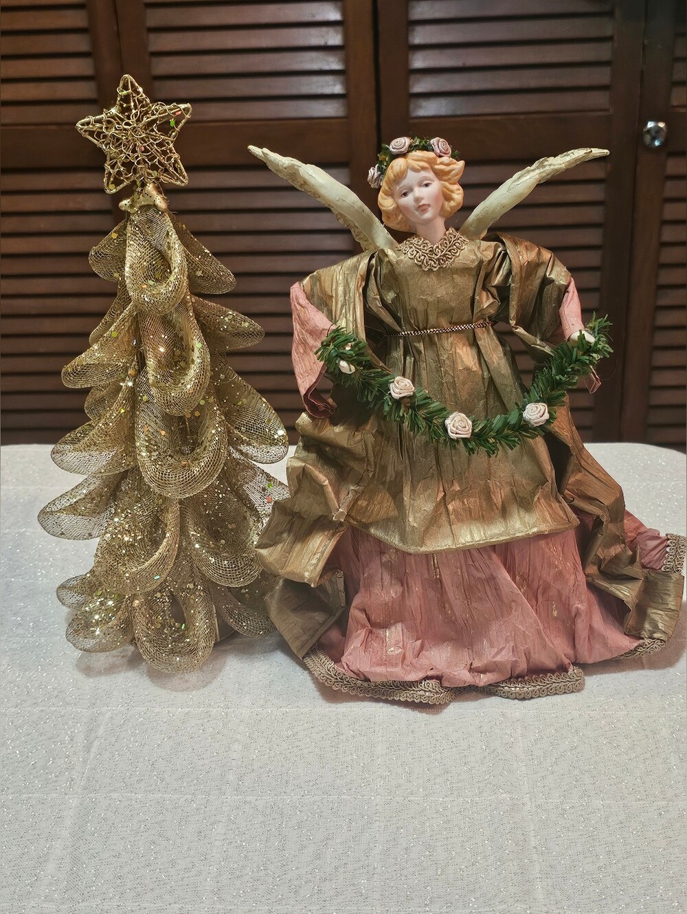 Vintage Porcelain Face Angel Tree Topper | Pink & Gold Christmas Angel Decor